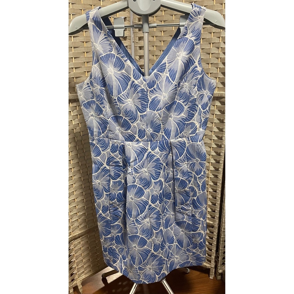 Moulinette Soeurs Anthropologie Blue White Floral Jacquard V-Neck Dress Size 12